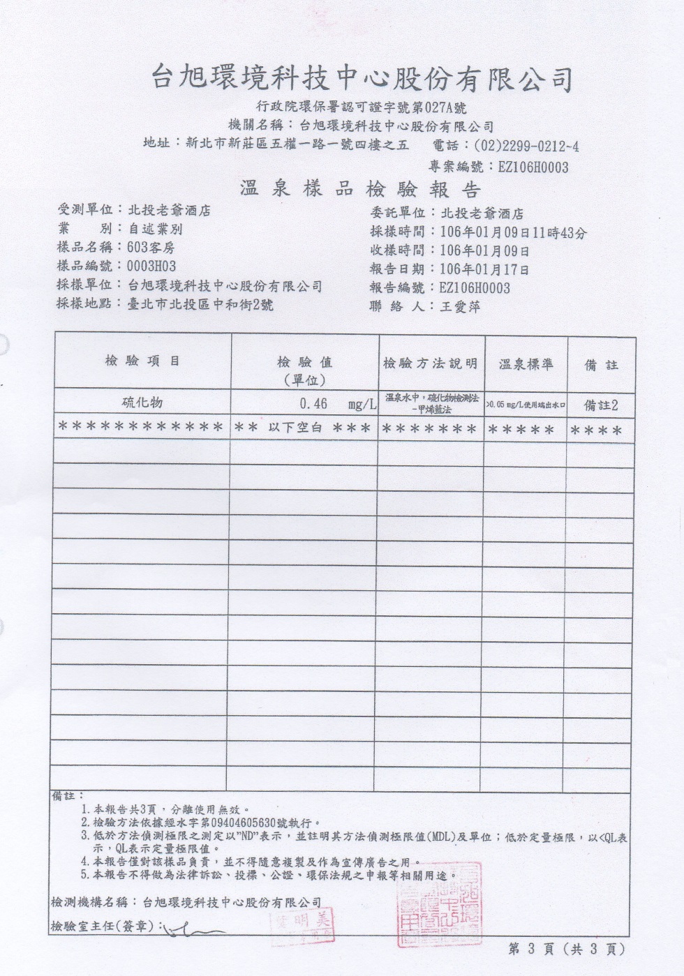 北投老爺603客房自我檢測合格