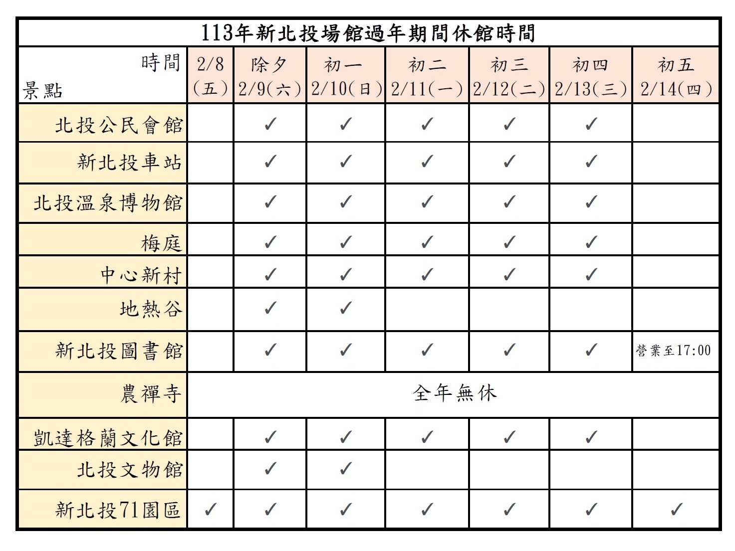 113年新北投場館過年期間休館時間